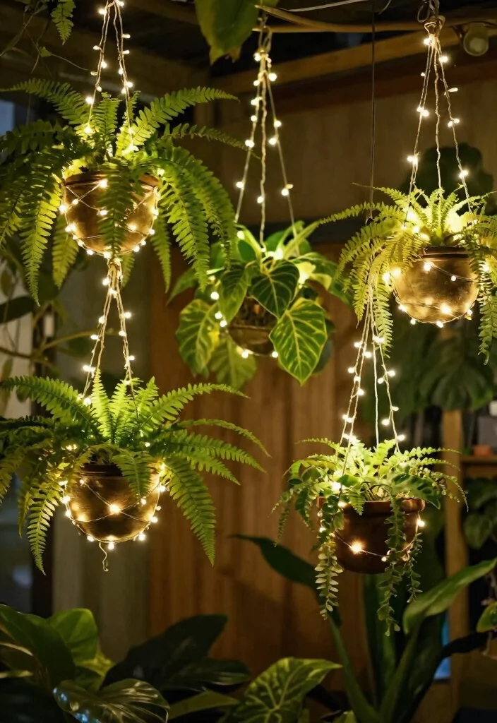 14 Hanging Ceiling Light Ideas That Don't Require Rewiring or New Boxes - 5. Hanging Planters with String Lights 1