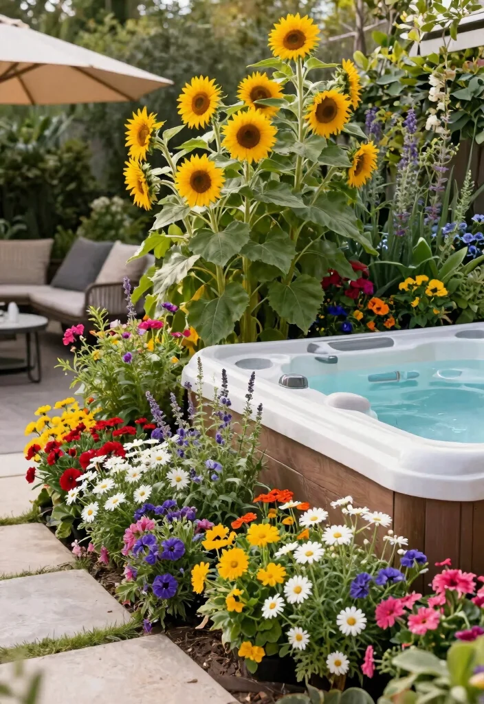 14 Hot Tub Outdoor Concepts That Stay Private Year-Round - 11. Colorful Flower Beds 1