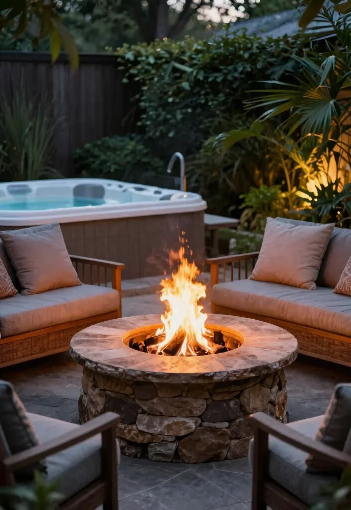 14 Hot Tub Outdoor Concepts That Stay Private Year-Round - 13. Fire Pit for Ambiance 1