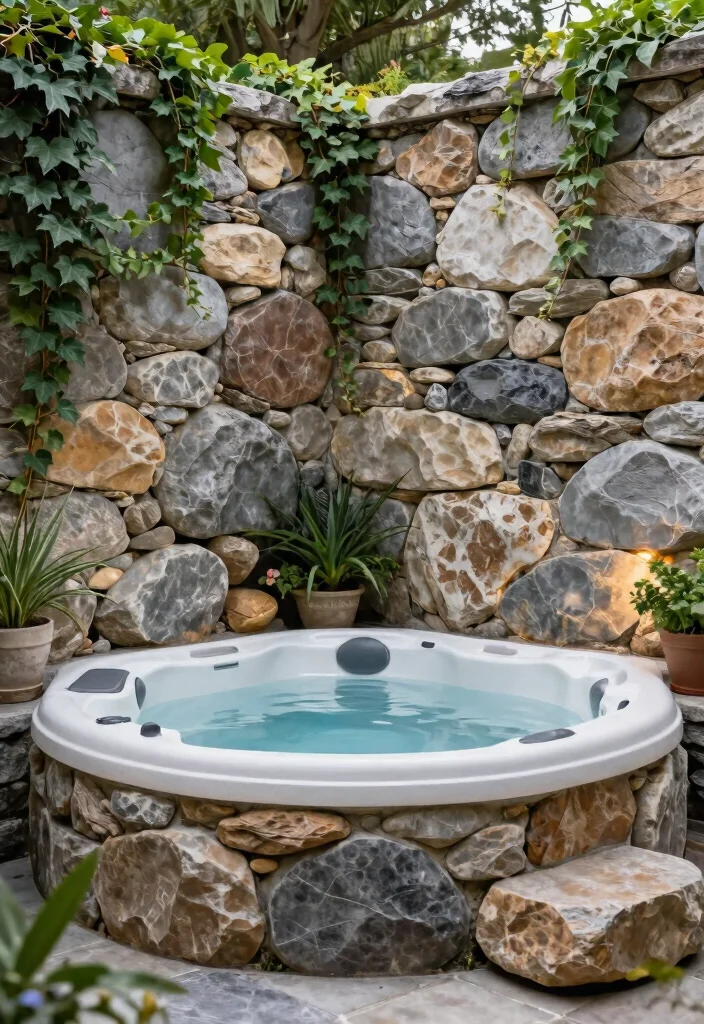 14 Hot Tub Outdoor Concepts That Stay Private Year-Round - 2. Natural Stone Walls 1