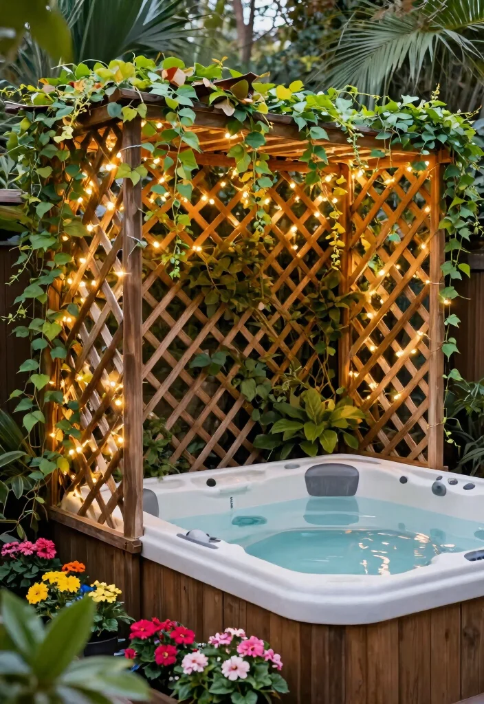 14 Hot Tub Outdoor Concepts That Stay Private Year-Round - 4. Lattice Screens with Climbing Vines 1