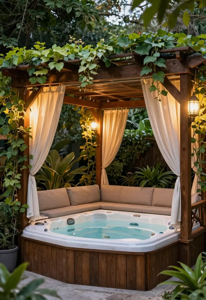 14 Hot Tub Outdoor Concepts That Stay Private Year-Round - 9. Cozy Pergola Overhang 1