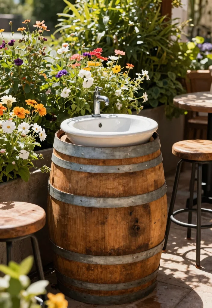 14 Outdoor Sink Ideas That Run Without Plumbing a Water Line - 5. Wine Barrel Wash Station 1