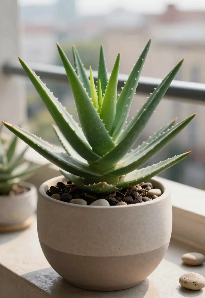 14 Plants in Balcony Ideas That Survive Wind and Limited Sunlight - 10. Robust Aloe Vera for Utility and Beauty 1