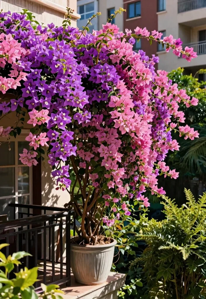 14 Plants in Balcony Ideas That Survive Wind and Limited Sunlight - 11. Incorporating Colorful Bougainvillea 1