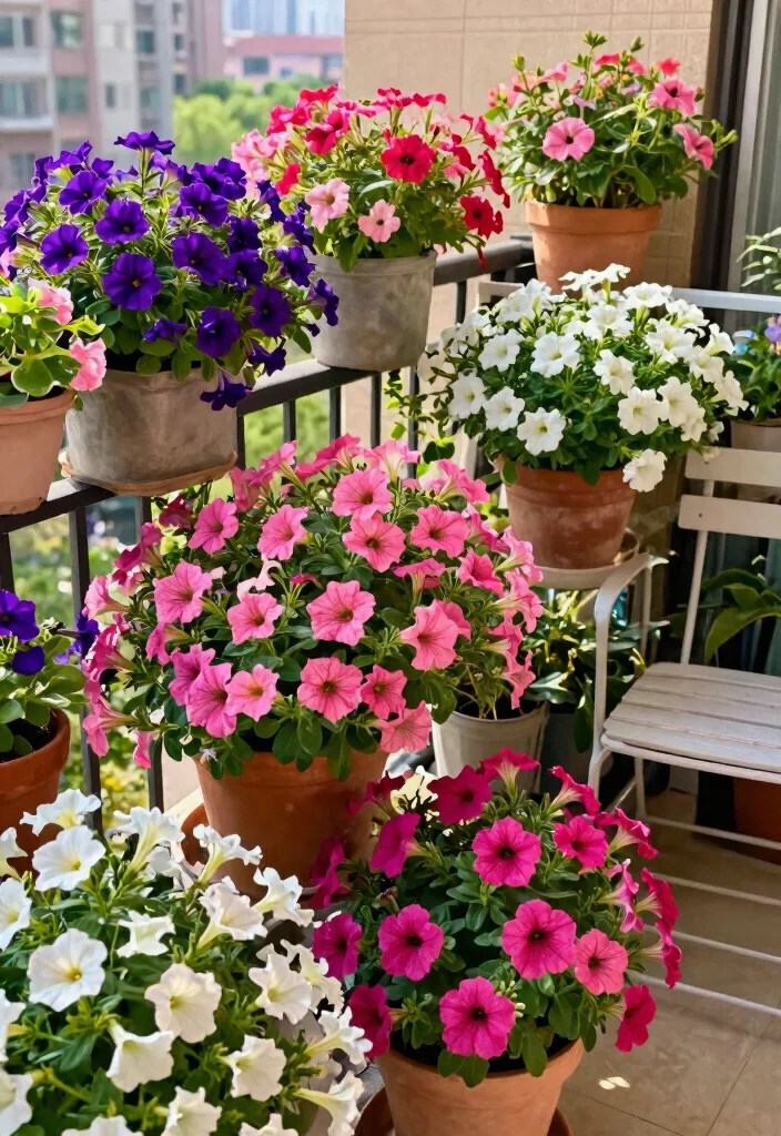 14 Plants in Balcony Ideas That Survive Wind and Limited Sunlight - 3. Colorful Petunias: Low-Light Beauties 1