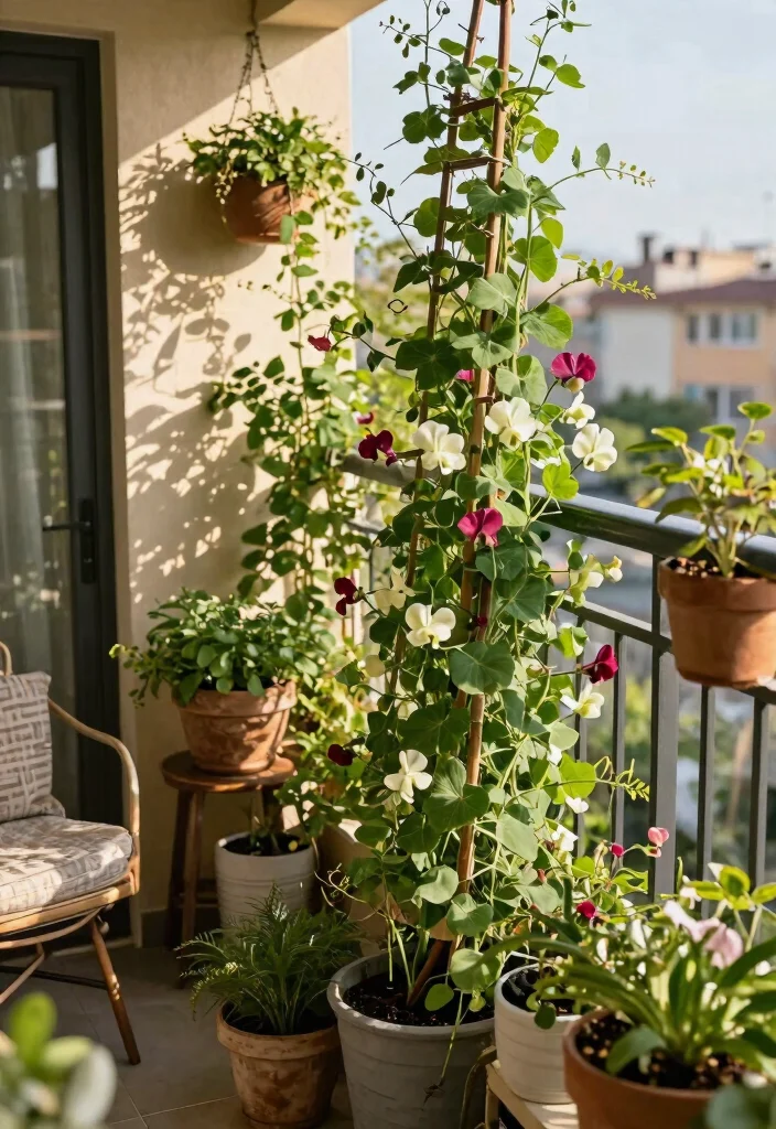 14 Plants in Balcony Ideas That Survive Wind and Limited Sunlight - 6. Container Garden with Climbing Vines 1