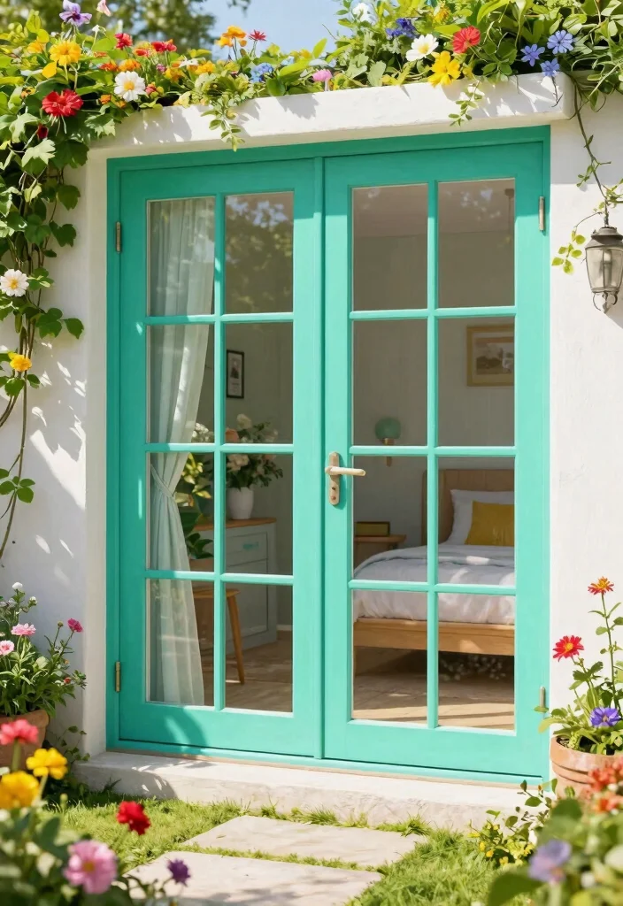 14 Sliding French Doors Patio Ideas That Maximize Natural Light - 11. Colorful Sliding French Doors to Brighten Up Your Space 1
