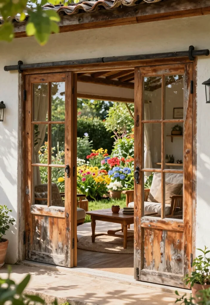 14 Sliding French Doors Patio Ideas That Maximize Natural Light - 7. Rustic Sliding French Doors to Complement Your Garden 1