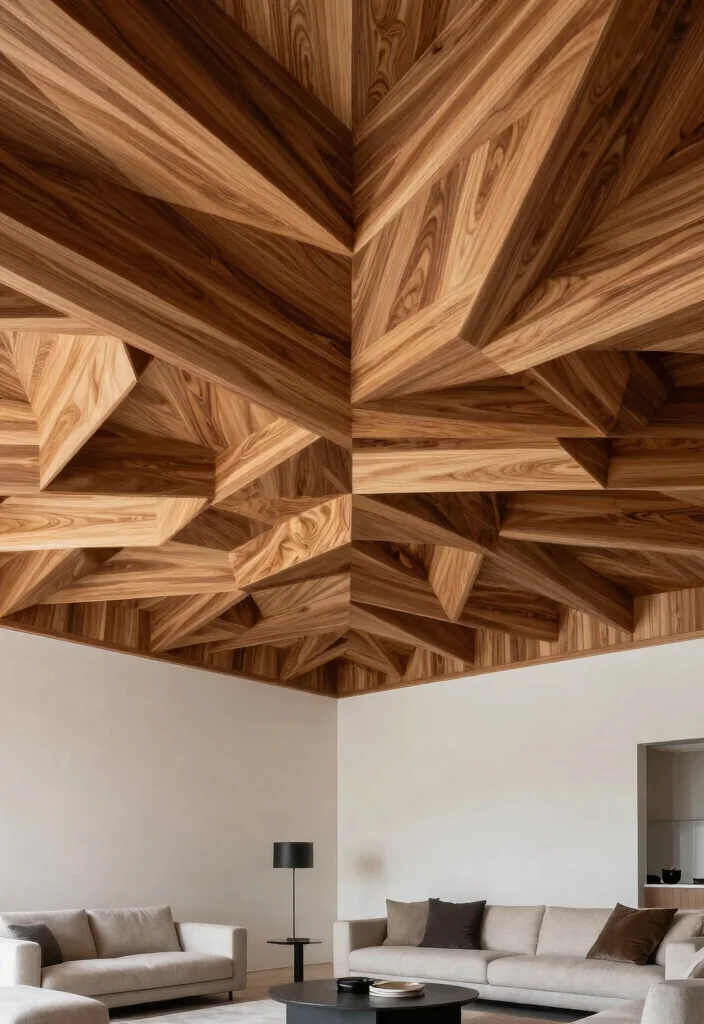 14 Wood Plank Ceiling Ideas That Hide Popcorn Without Major Demo - 12. Geometric Wood Patterns for Artistic Flair 1