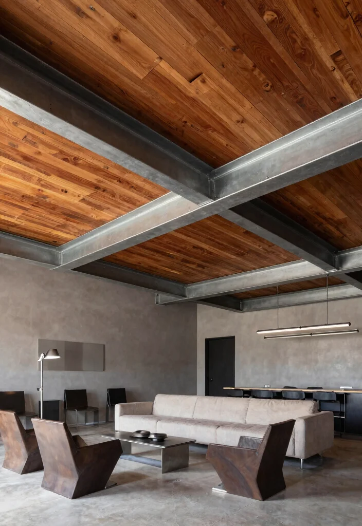 14 Wood Plank Ceiling Ideas That Hide Popcorn Without Major Demo - 13. Wood and Metal Combination for Industrial Chic 1