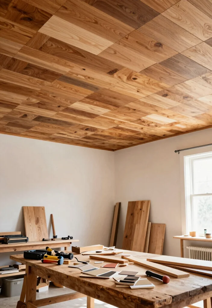 14 Wood Plank Ceiling Ideas That Hide Popcorn Without Major Demo - 14. DIY Wood Ceiling Tiles for a Custom Look 1