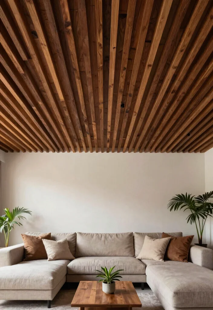 14 Wood Plank Ceiling Ideas That Hide Popcorn Without Major Demo - 6. Wood Slats for a Modern Twist 1