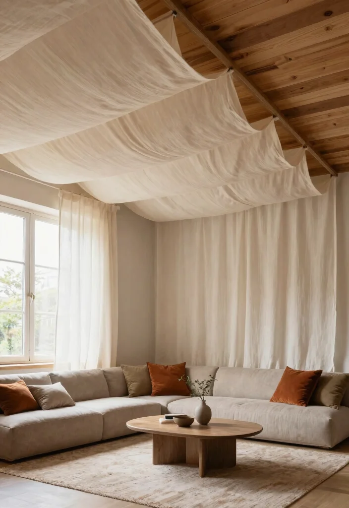 14 Wood Plank Ceiling Ideas That Hide Popcorn Without Major Demo - 9. Layered Textures with Wood and Fabric 1