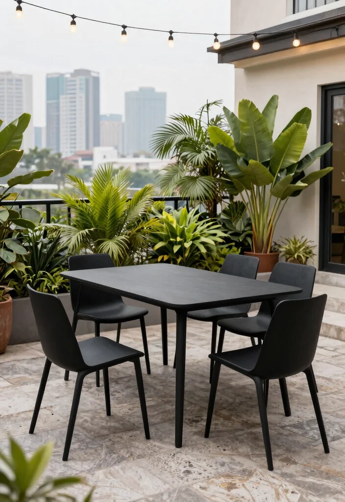 15 Black Outdoor Furniture Ideas That Don't Show Every Speck of Dust - 1. Sleek Black Metal Dining Set 1