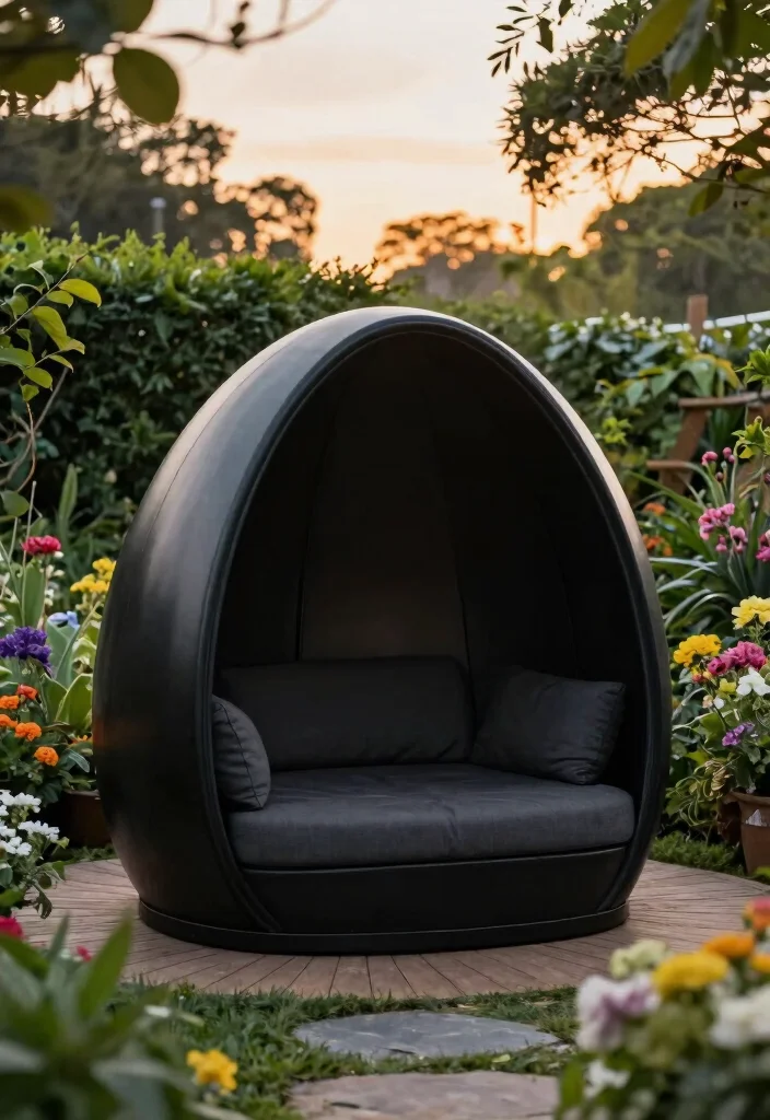 15 Black Outdoor Furniture Ideas That Don't Show Every Speck of Dust - 15. Artistic Black Lounge Pods 1