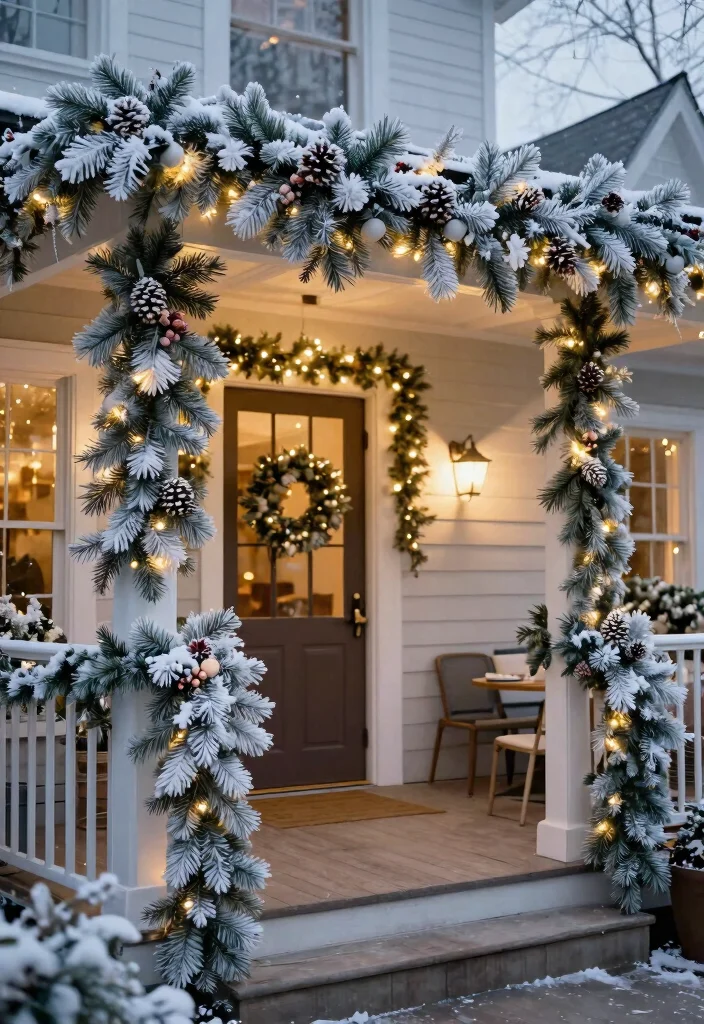 15 Decoraciones de Patio de Navidad Que Resisten Viento y Lluvia - 14. Frosted Pine Swags 1