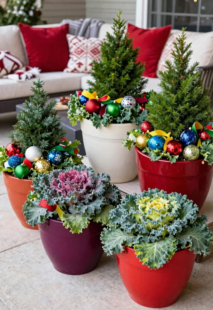 15 Decoraciones de Patio de Navidad Que Resisten Viento y Lluvia - 9. Decorative Planters with Winter Plants 1