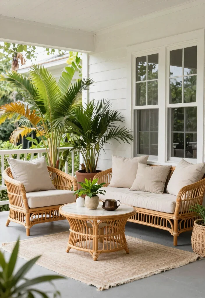 15 Front Porch Furniture Sets That Fit Small Porches Without Crowding - 14. Chic Rattan Furniture for a Tropical Feel 1