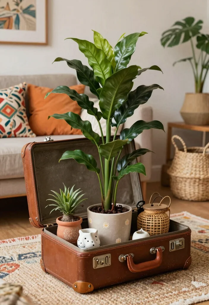 15 Modern Plant Stand Ideas That Don't Tip Over With Tall Plants - 11. Vintage Suitcase Stands for Quirky Charm 1