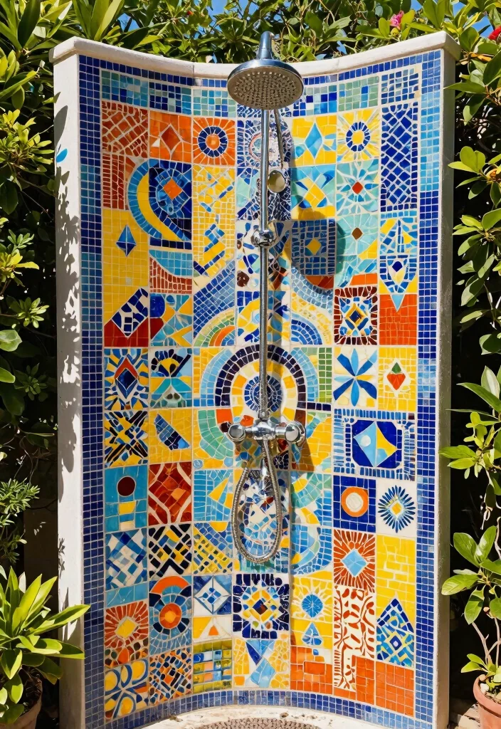 15 Outdoor Shower Ideas That Give You Full Privacy - 11. Colorful Mosaic Shower 1