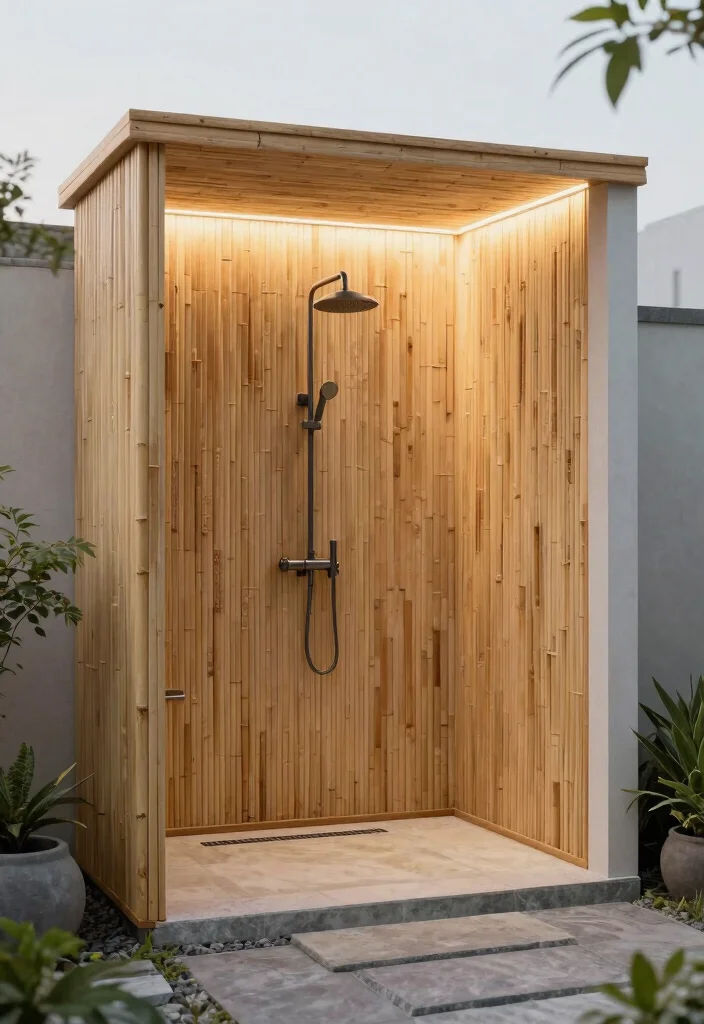 15 Outdoor Shower Ideas That Give You Full Privacy - 15. Minimalist Zen Shower 1