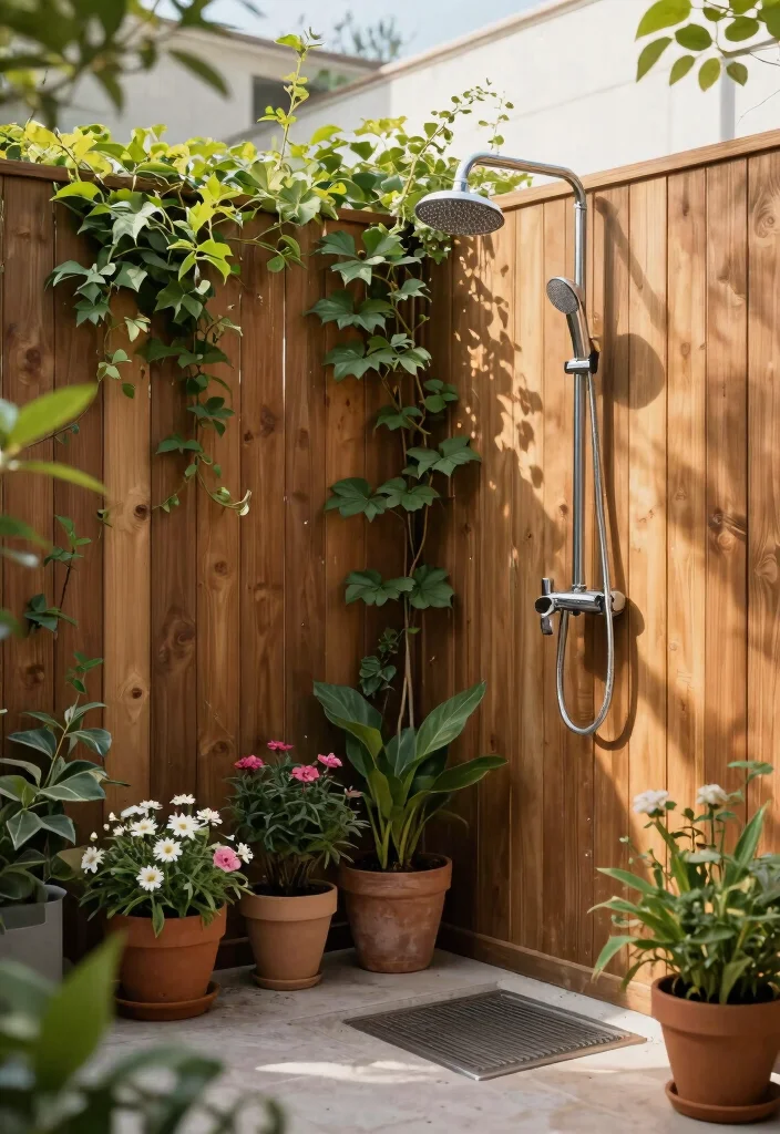 15 Outdoor Shower Ideas That Give You Full Privacy - 3. Tall Fencing with Greenery 1