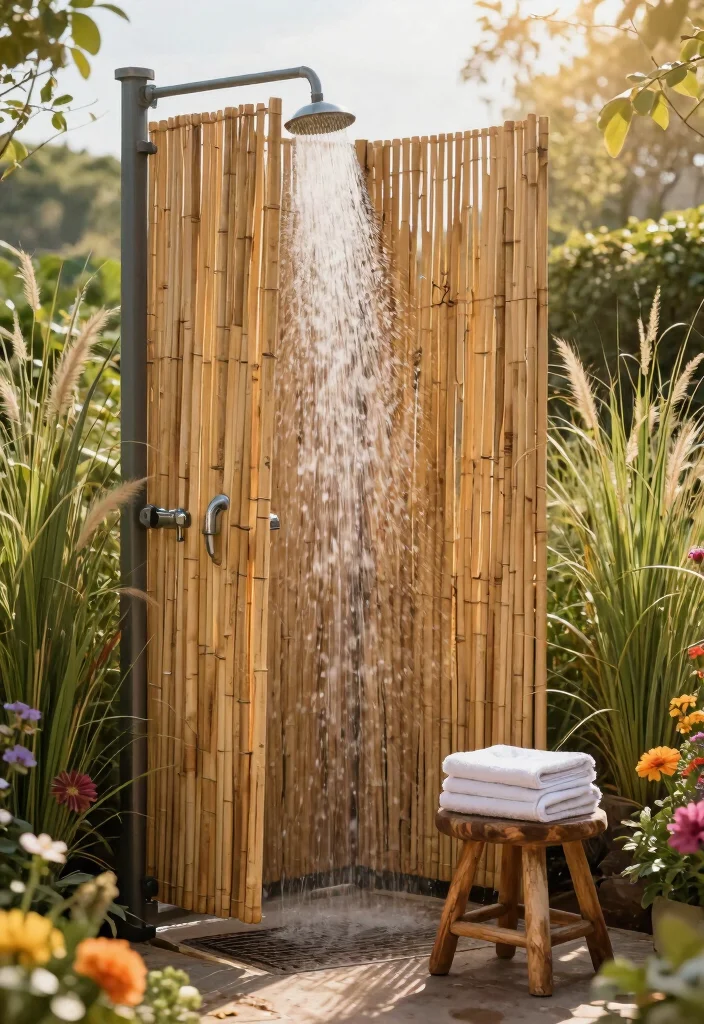 15 Outdoor Shower Ideas That Give You Full Privacy - 4. Bamboo Privacy Curtain 1