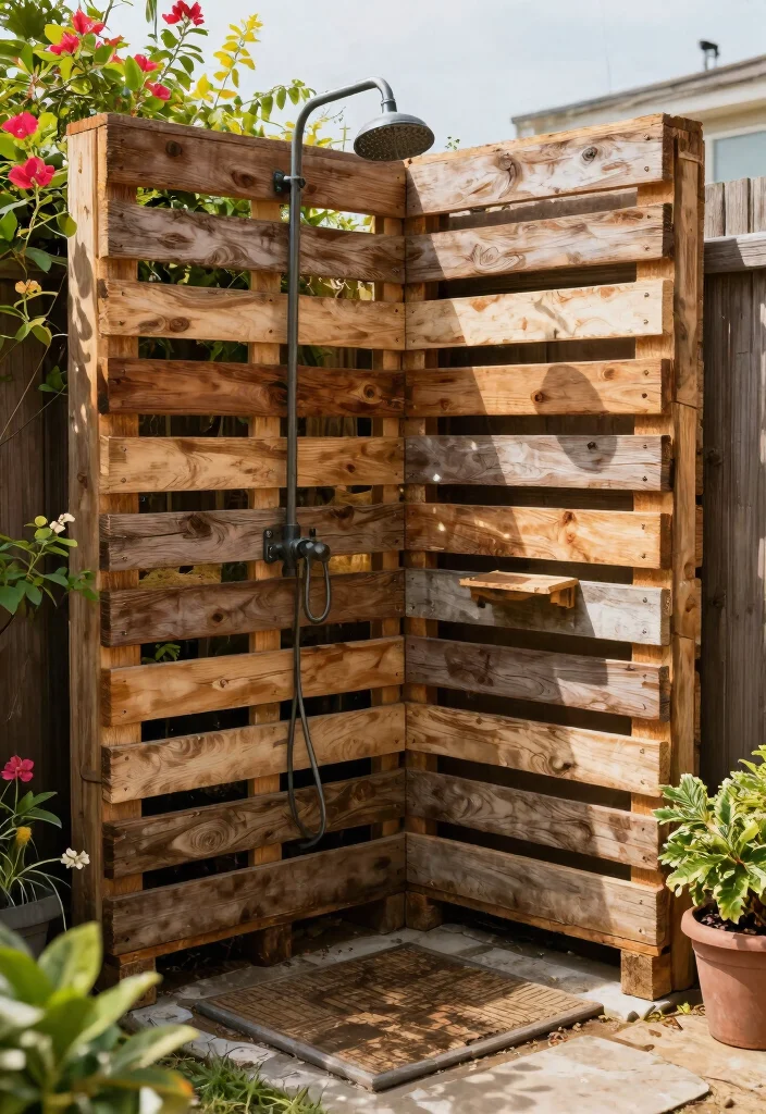 15 Outdoor Shower Ideas That Give You Full Privacy - 7. Rustic Pallet Shower 1