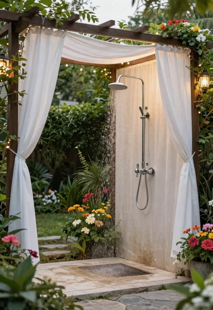 15 Outdoor Shower Ideas That Give You Full Privacy - 8. Pergola with Drapes 1