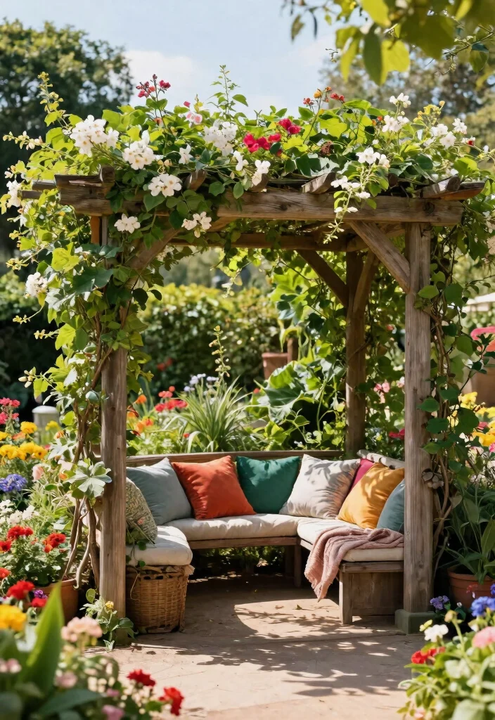 15 Pergola Off House Ideas That Don't Damage Siding or Roof - 1. Freestanding Pergola with Climbing Plants 1