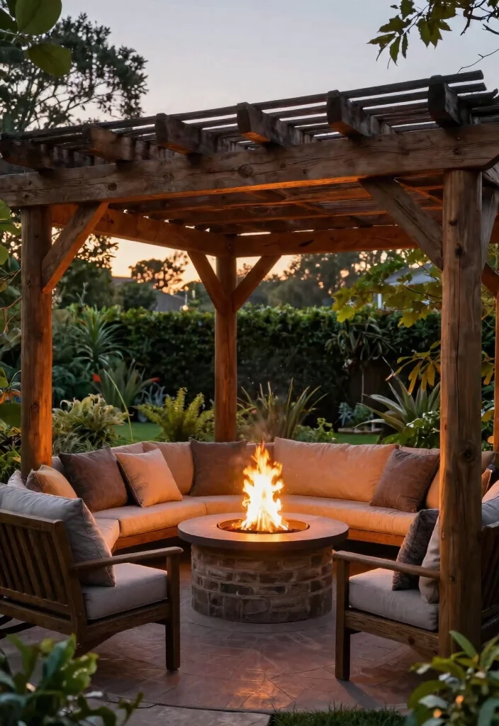 15 Pergola Off House Ideas That Don't Damage Siding or Roof - 10. Integrated Fire Pit with Pergola 1