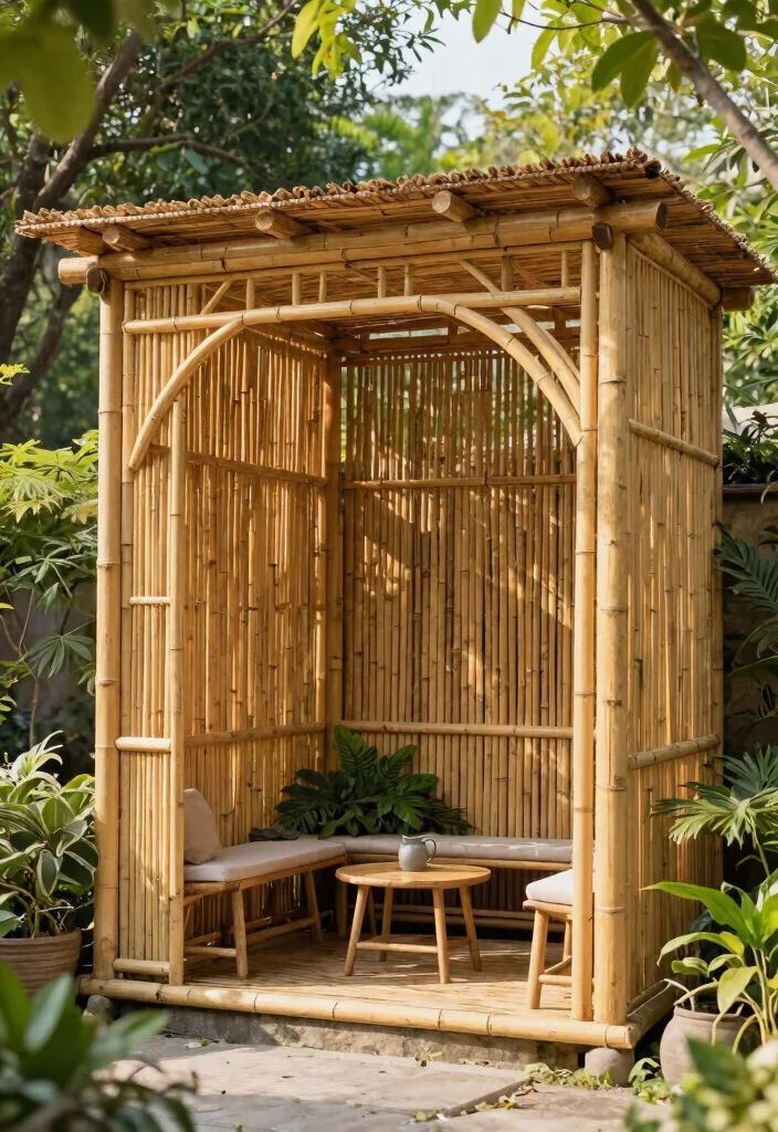 15 Pergola Off House Ideas That Don't Damage Siding or Roof - 11. Eco-friendly Bamboo Pergola 1