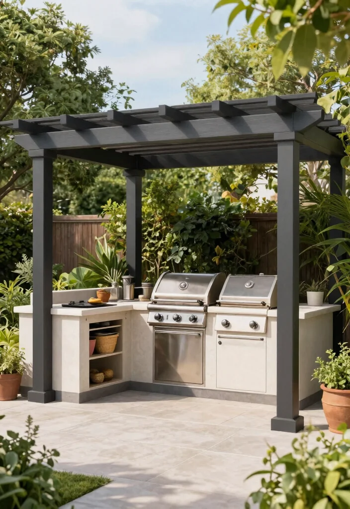 15 Pergola Off House Ideas That Don't Damage Siding or Roof - 12. Pergola with Outdoor Kitchen 1