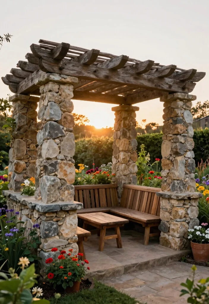 15 Pergola Off House Ideas That Don't Damage Siding or Roof - 13. Rustic Pergola with Stone Base 1