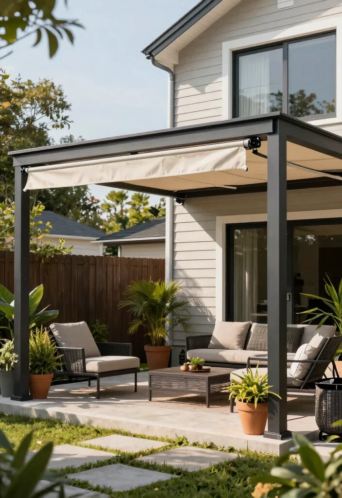 15 Pergola Off House Ideas That Don't Damage Siding or Roof - 2. Open-air Pergola with Retractable Canopy 1