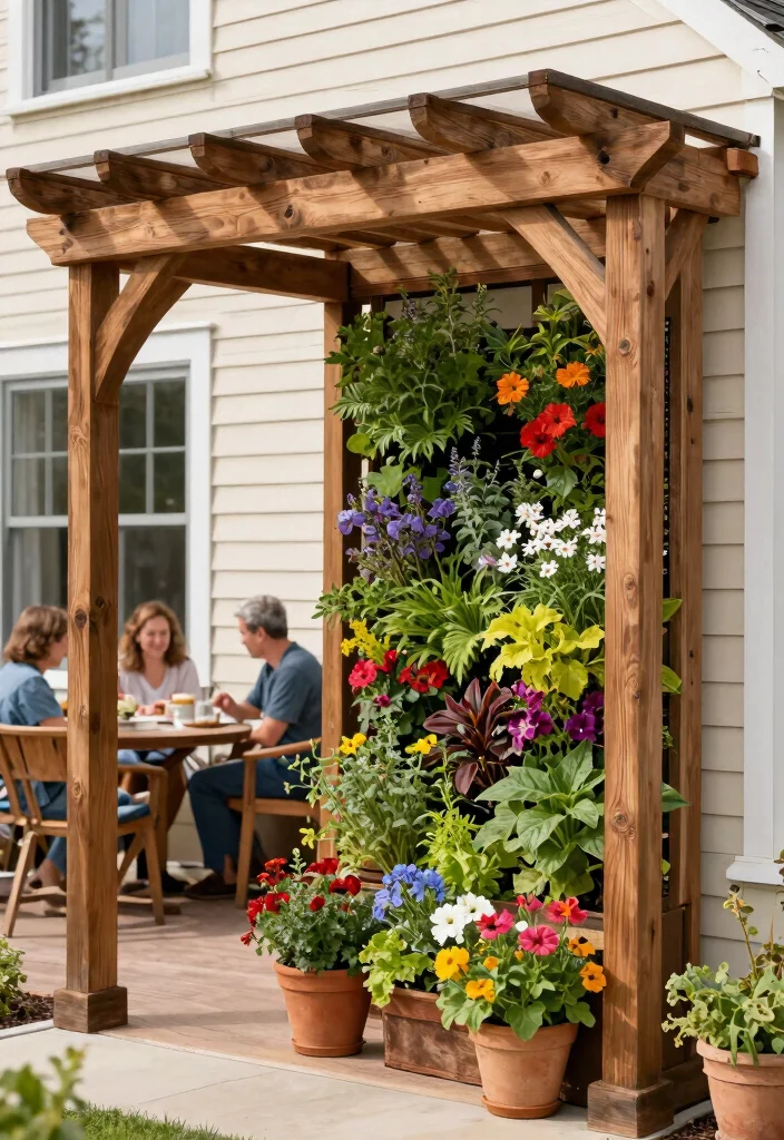 15 Pergola Off House Ideas That Don't Damage Siding or Roof - 3. Pergola with Built-in Vertical Garden 1