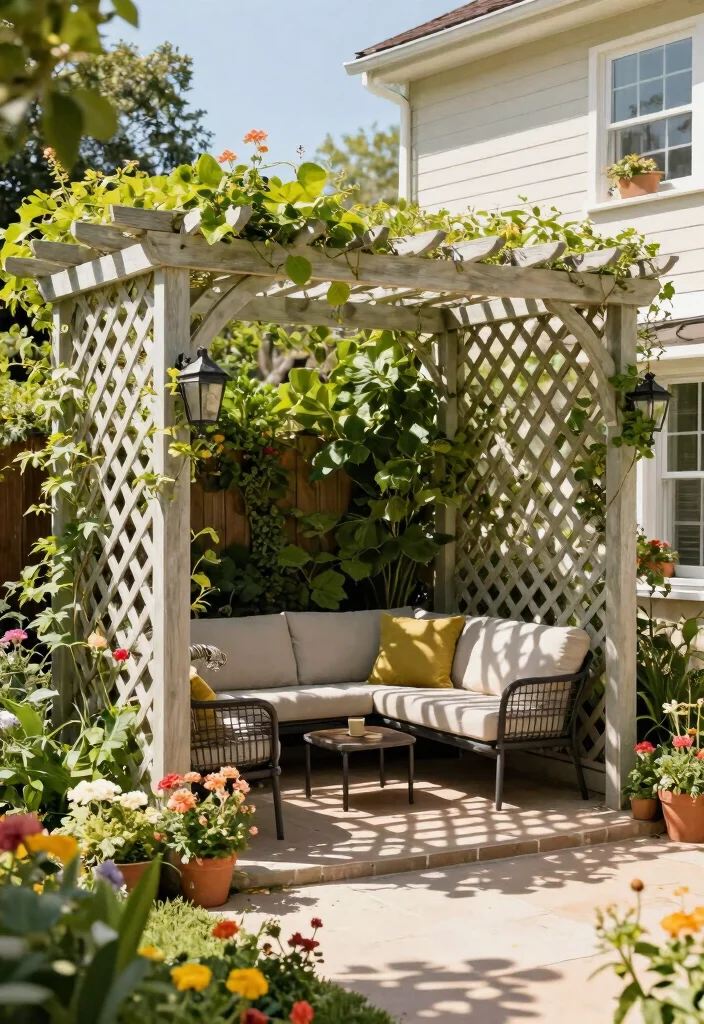 15 Pergola Off House Ideas That Don't Damage Siding or Roof - 4. Lattice Pergola for Siding Protection 1