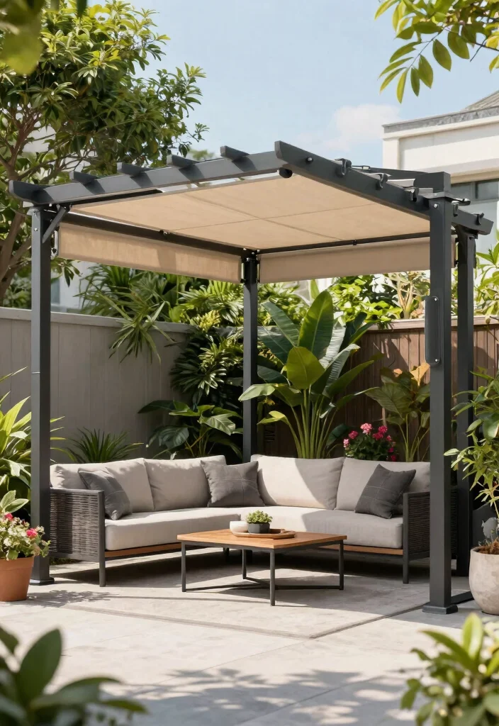 15 Pergola Off House Ideas That Don't Damage Siding or Roof - 6. Adjustable Shade Pergola 1