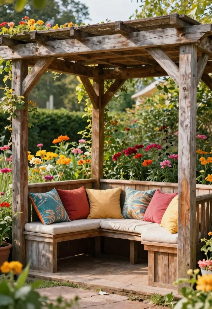 15 Pergola Off House Ideas That Don't Damage Siding or Roof - 7. Pergola with Built-in Seating 1