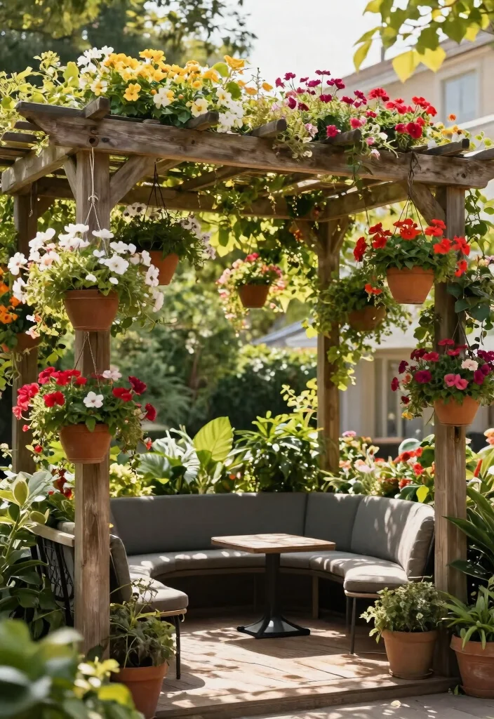 15 Pergola Off House Ideas That Don't Damage Siding or Roof - 9. Pergola with Hanging Planters 1