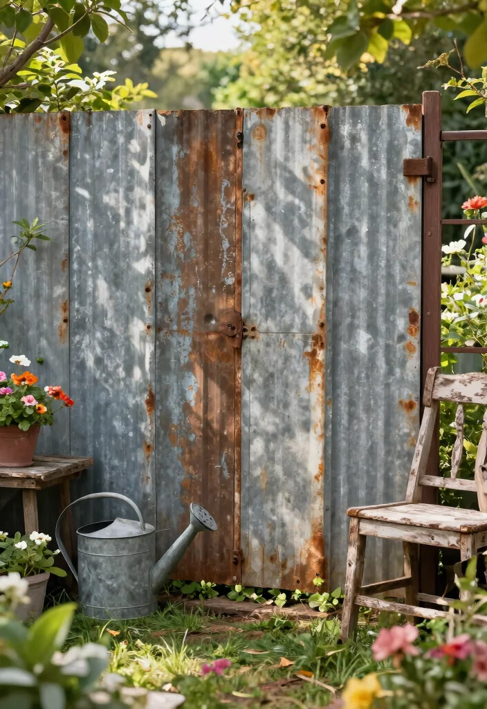 15 Sheet Metal Fence Ideas That Go Up Fast on a Tight Budget - 2. Rustic Charm with Weathered Metal 1