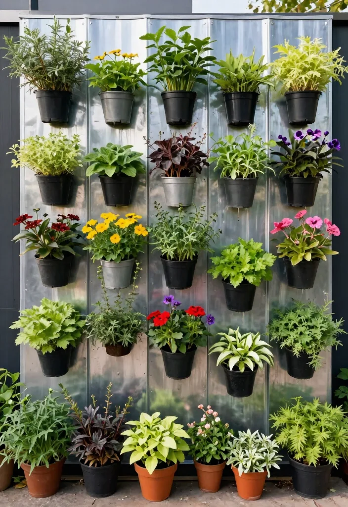 15 Sheet Metal Fence Ideas That Go Up Fast on a Tight Budget - 3. Vertical Garden with Metal Fencing 1