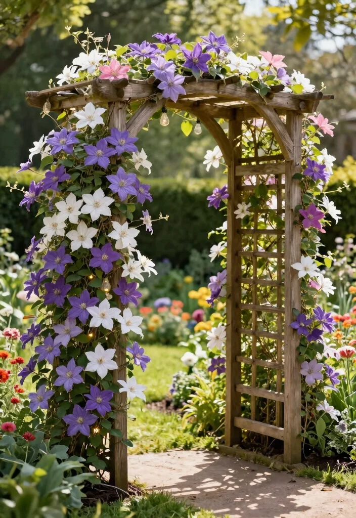 15 Trellis for Clematis Ideas That Handle Full Weight at Bloom - 1. The Classic Wooden Arbor 1