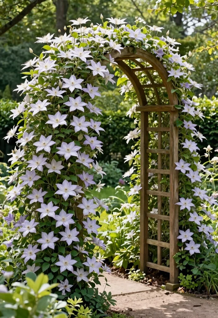 15 Trellis for Clematis Ideas That Handle Full Weight at Bloom - 11. Arched Wooden Trellis 1