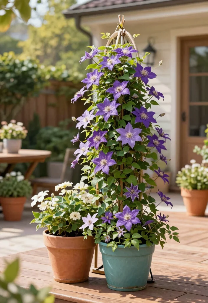 15 Trellis for Clematis Ideas That Handle Full Weight at Bloom - 15. Container Trellis Combo 1