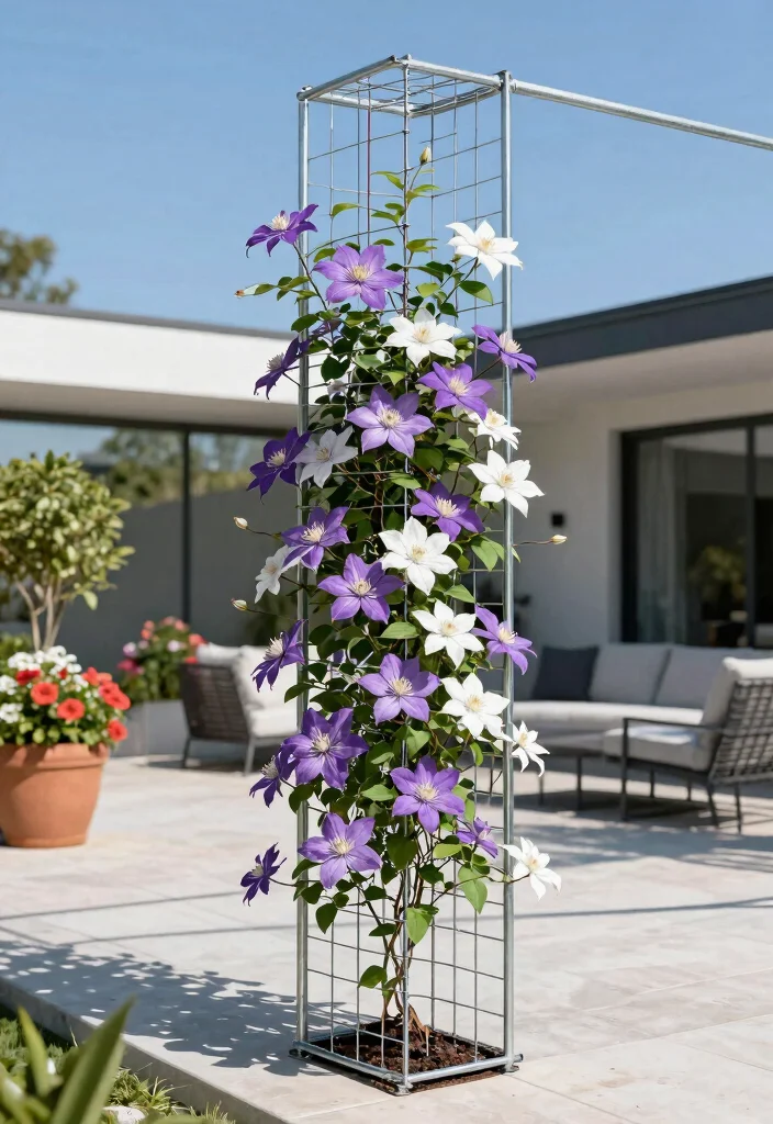 15 Trellis for Clematis Ideas That Handle Full Weight at Bloom - 2. Vertical Wire Grid Trellis 1