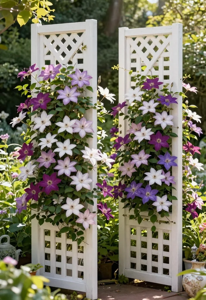 15 Trellis for Clematis Ideas That Handle Full Weight at Bloom - 3. Elegant Lattice Panels 1