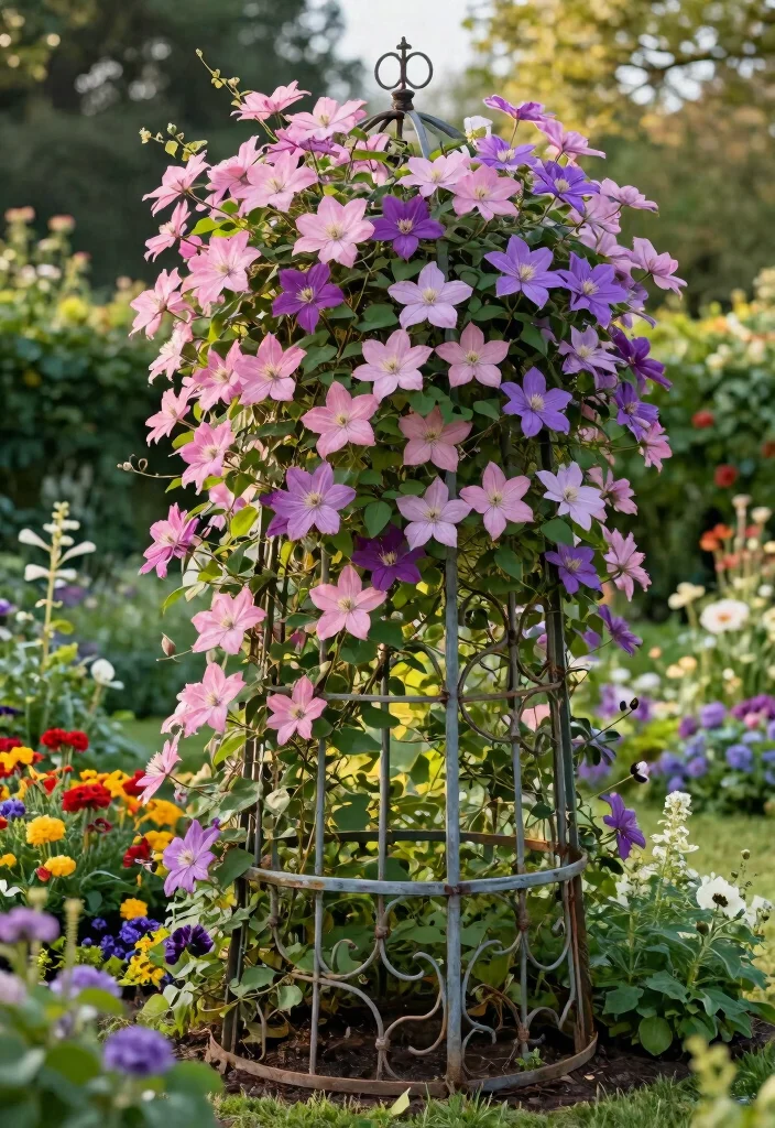 15 Trellis for Clematis Ideas That Handle Full Weight at Bloom - 4. Rustic Metal Trellis 1