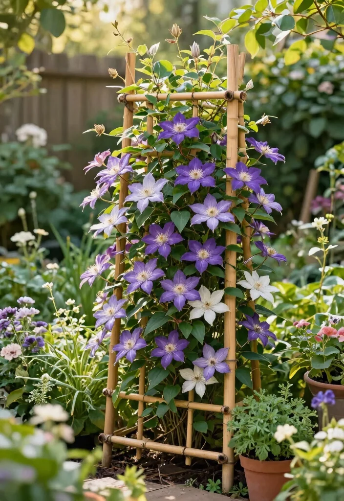 15 Trellis for Clematis Ideas That Handle Full Weight at Bloom - 7. Bamboo Trellis 1